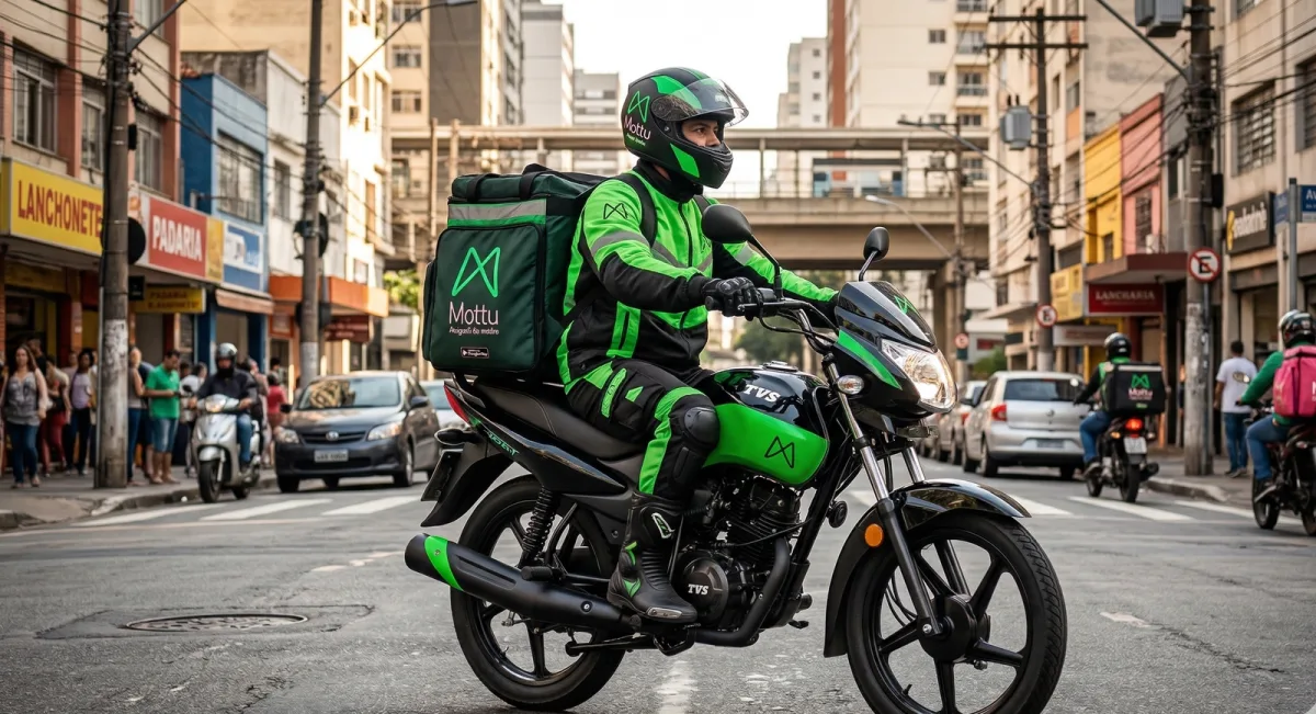 Entregador uniformizado da Mottu ao lado da moto em rua movimentada