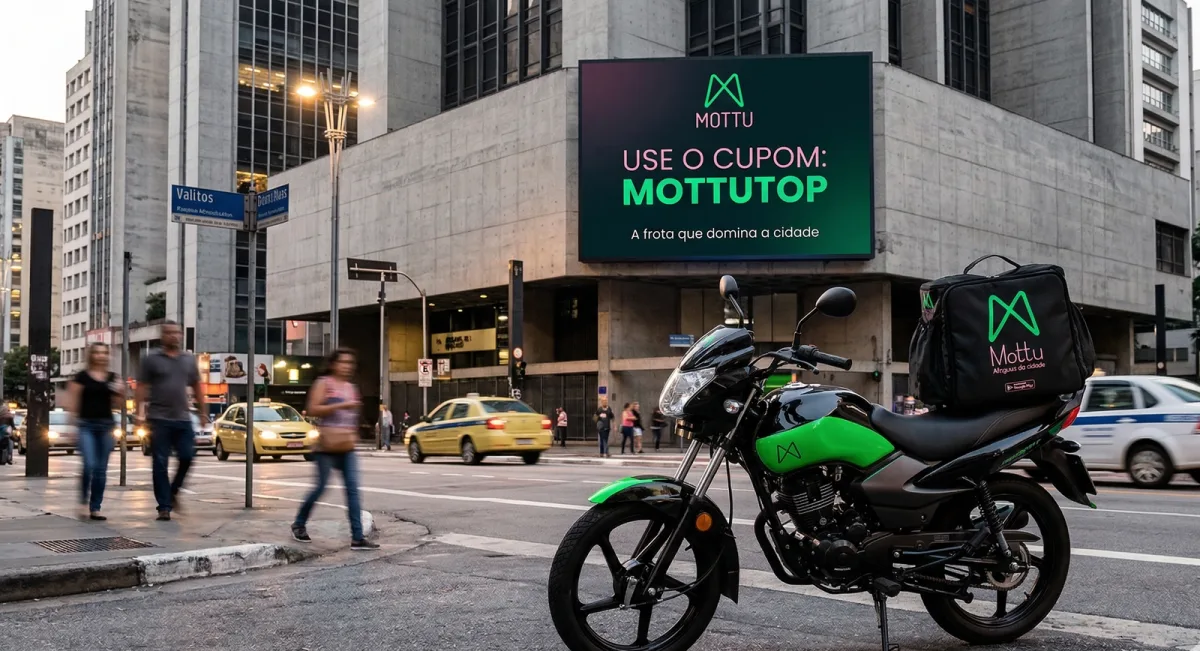 Moto da Mottu com bag de entrega na Avenida Paulista, com painel anunciando o cupom MOTTUTOP
